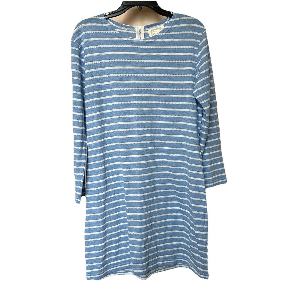 Sail To Sable Dress Med Midi Long Sleeve Blue Striped Nautical Preppy Stretchy